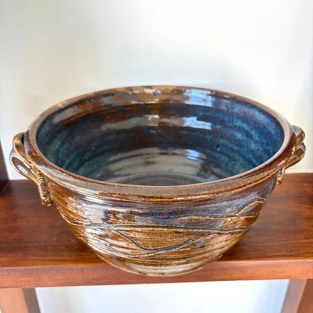 Vintage 1989 Signed Studio Pottery Handled Serving Bowl Brown Blue Stoneware